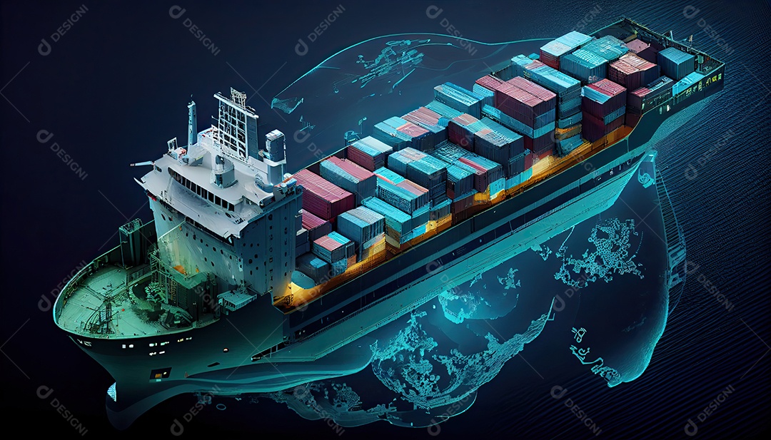 Uma foto aérea de um navio de carga transportando contêineres para exportação e importação é mostrada em um mundo global. Serviço de Agenciamento de Cargas Dia Mundial dos Marinheiros, 25 de junho