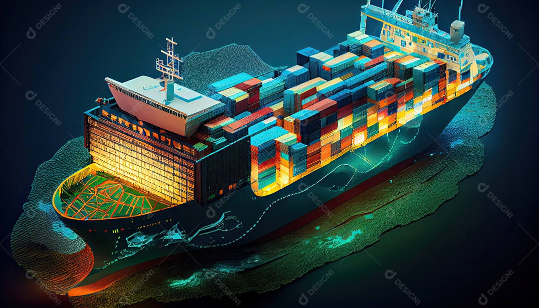 Uma foto aérea de um navio de carga transportando contêineres para exportação e importação é mostrada em um mundo global. Serviço de Agenciamento de Cargas Dia Mundial dos Marinheiros, 25 de junho