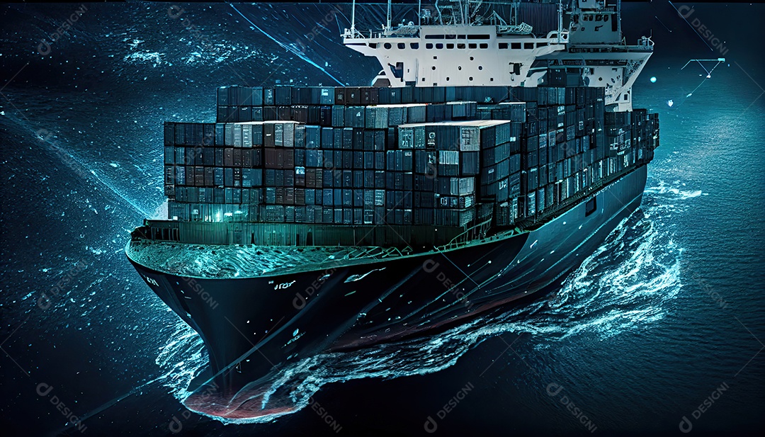 Uma foto aérea de um navio de carga transportando contêineres para exportação e importação é mostrada em um mundo global. Serviço de Agenciamento de Cargas Dia Mundial dos Marinheiros, 25 de junho