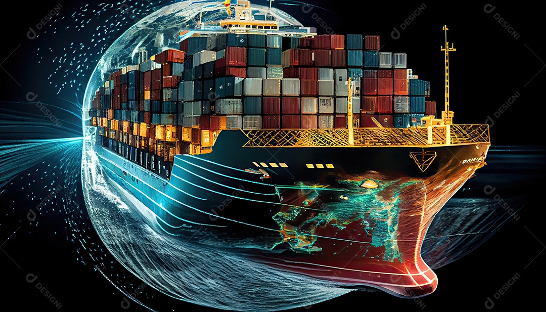 Uma foto aérea de um navio de carga transportando contêineres para exportação e importação é mostrada em um mundo global. Serviço de Agenciamento de Cargas Dia Mundial dos Marinheiros, 25 de junho
