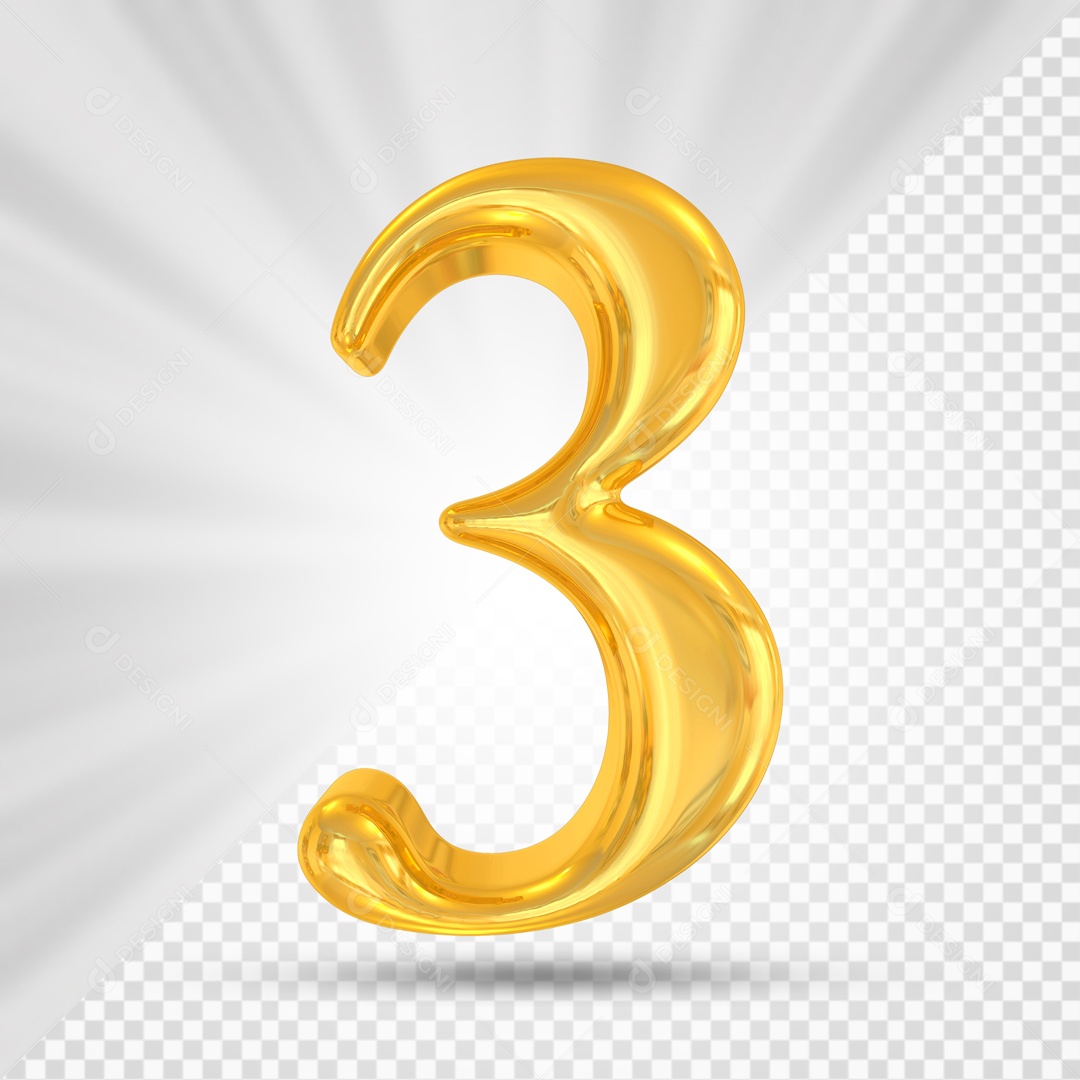Numero 3 Dourado Elemento 3D Para Composição PSD