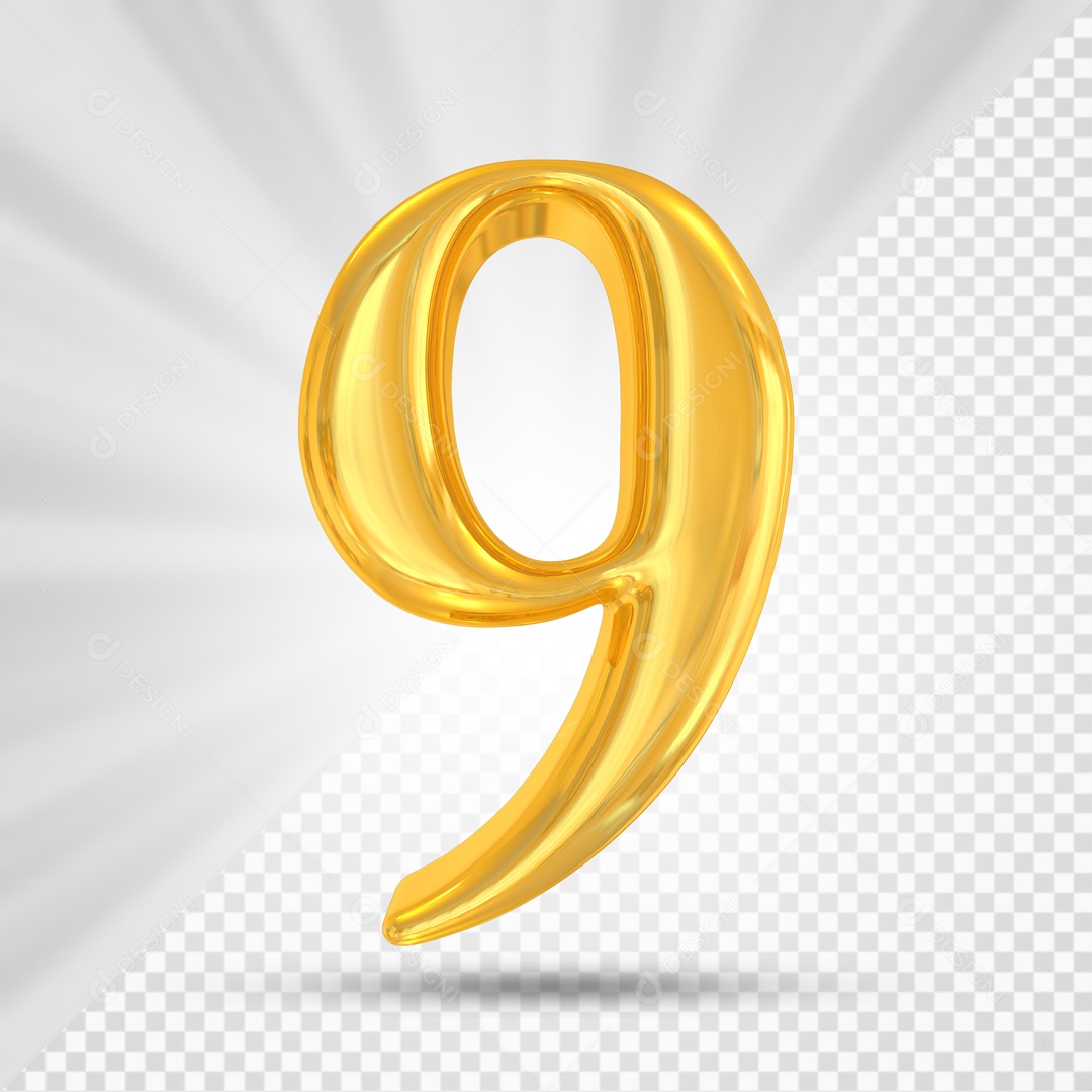 Numero 9 Dourado Elemento 3D Para Composição PSD