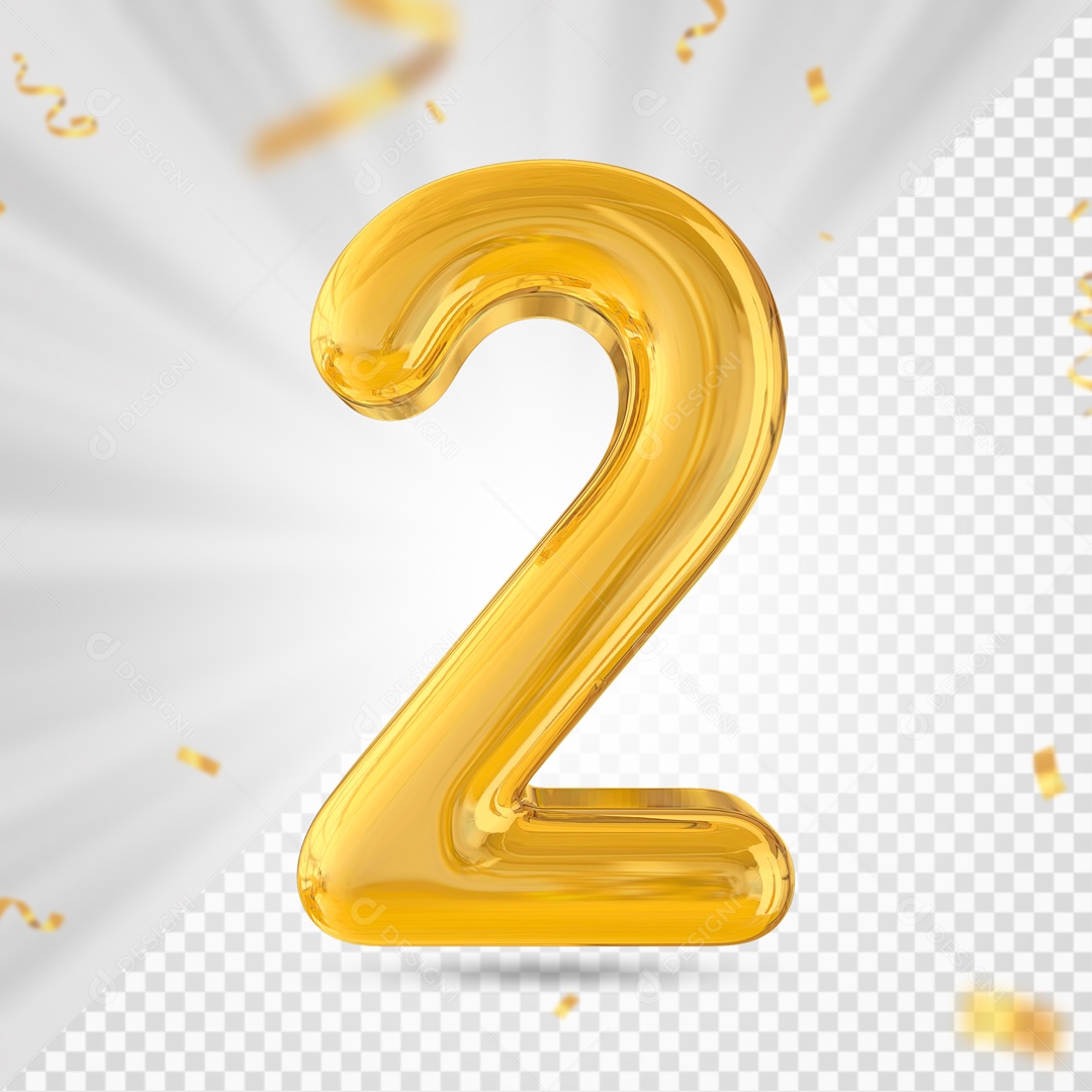 Balão De Festa Dourado De Numero 2  Elemento 3D Para Composição PSD