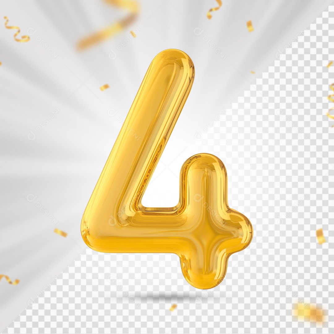 Number 4 Gold Party Balloon 3D Element For PSD Composition