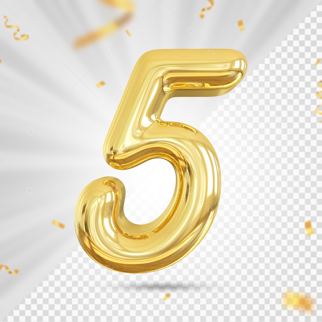 Balão De Festa Dourado De Numero 5 Elemento 3D Para Composição PSD