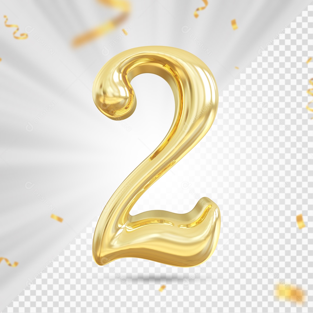 Balão De Festa Dourado Com Detalhes De Numero 2 Elemento 3D Para Composição PSD