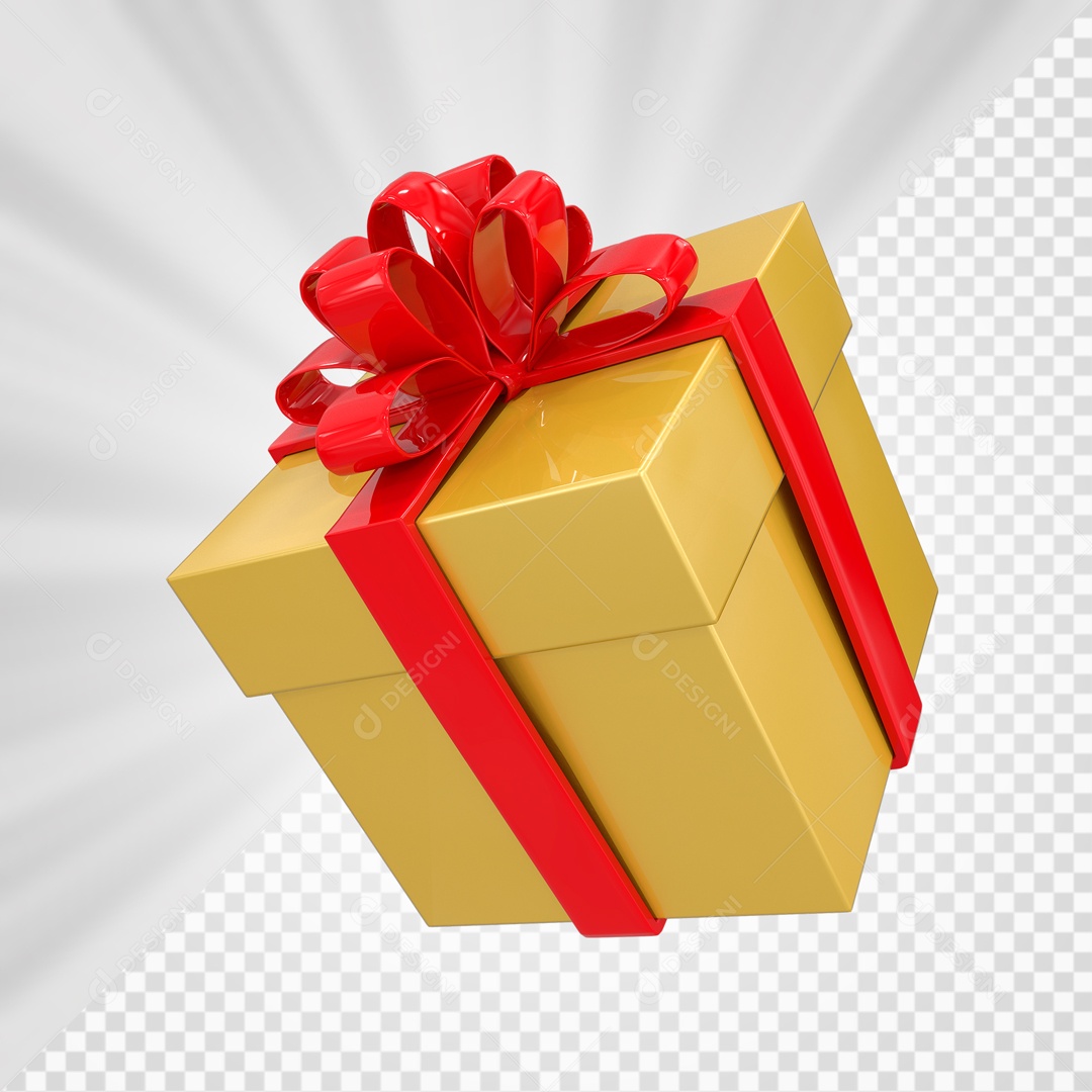 Caixa De Presente Dourada Com Laço Vermelho Elemento 3D PSD