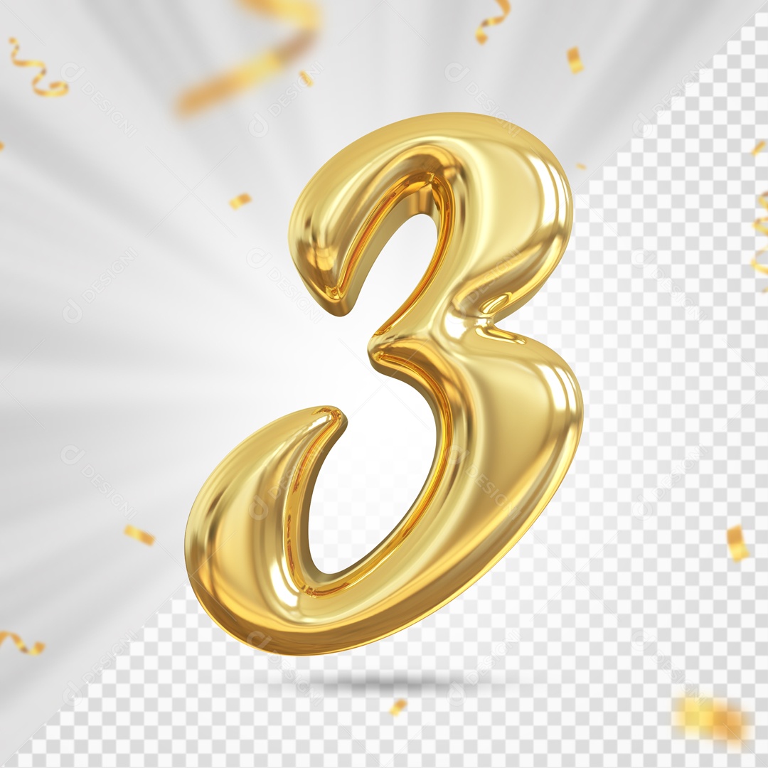 Balão De Festa Dourado Com Detalhes De Numero 3 Elemento 3D Para Composição PSD
