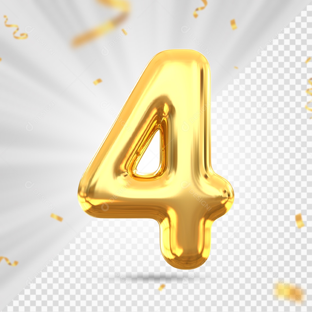 Balão De Festa Amarelo Com Detalhes De Numero 4 Elemento 3D Para Composição PSD