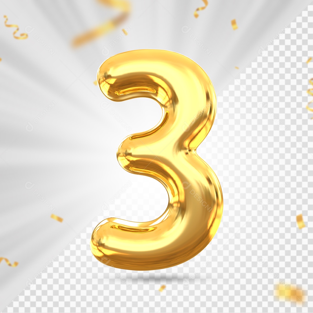 Balão De Festa Amarelo Com Detalhes De Numero 3 Elemento 3D Para Composição PSD