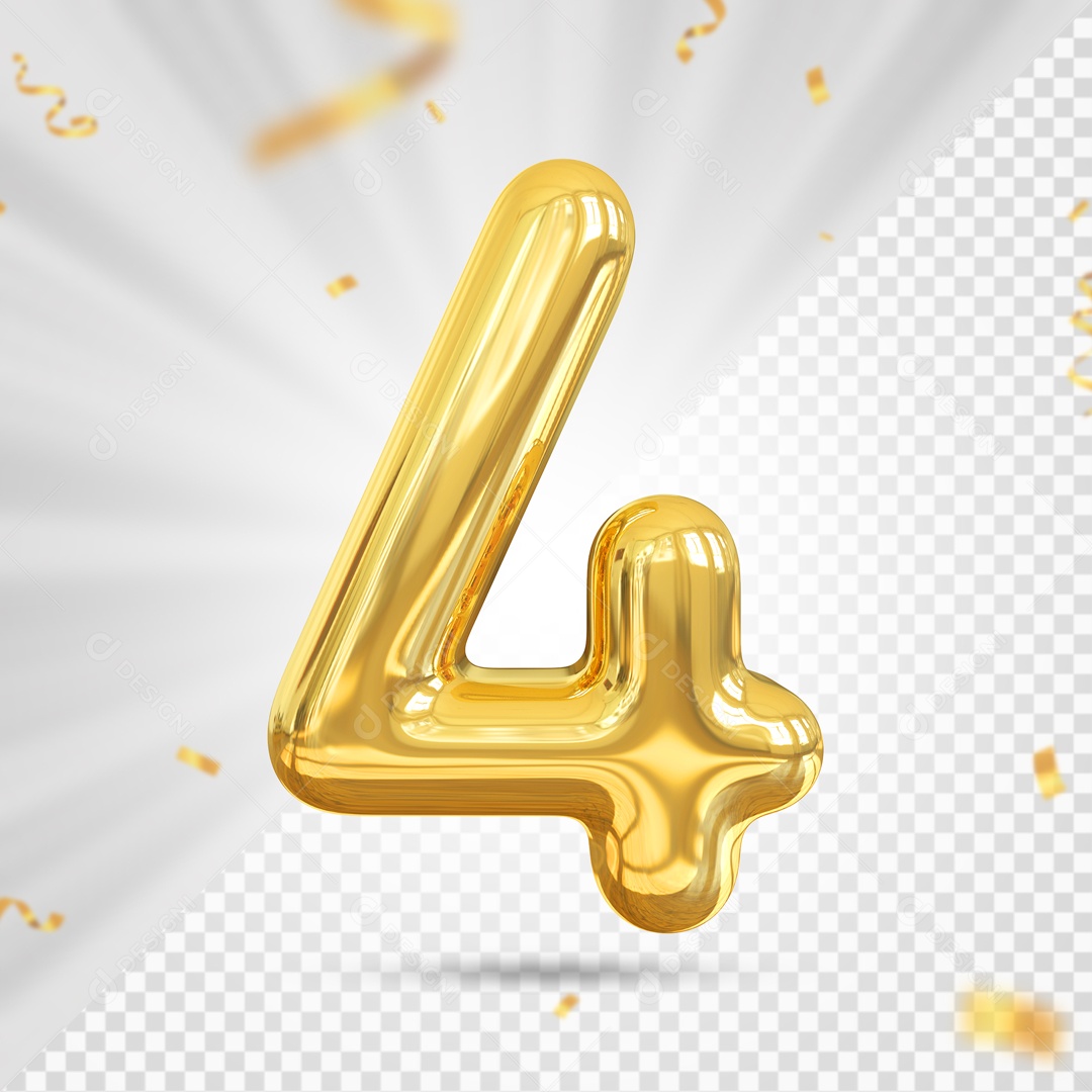 Number 4 Yellow Party Balloon 3D Element For PSD Composition