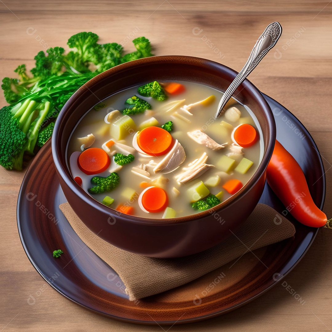 Tigela com deliciosa sopa com legumes