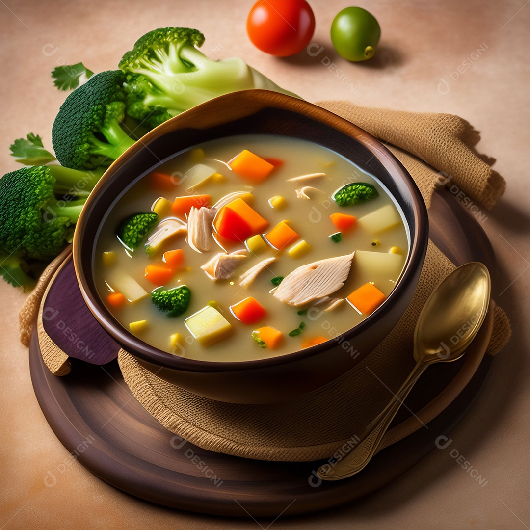 Tigela com deliciosa sopa com legumes