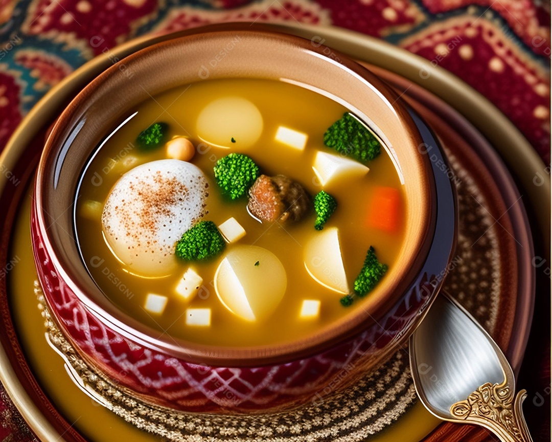 Tigela com deliciosa sopa com legumes