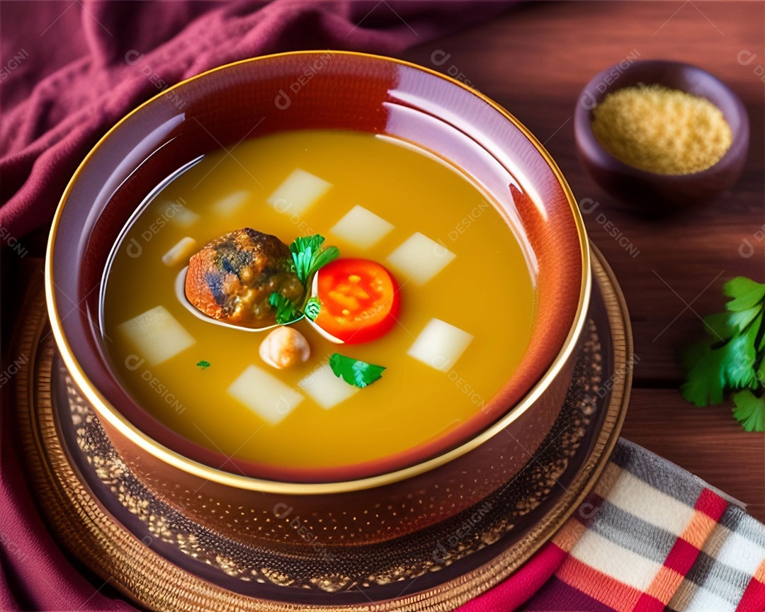 Tigela com deliciosa sopa com legumes