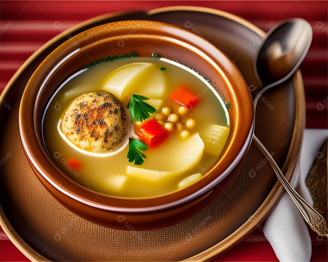 Tigela com deliciosa sopa com legumes