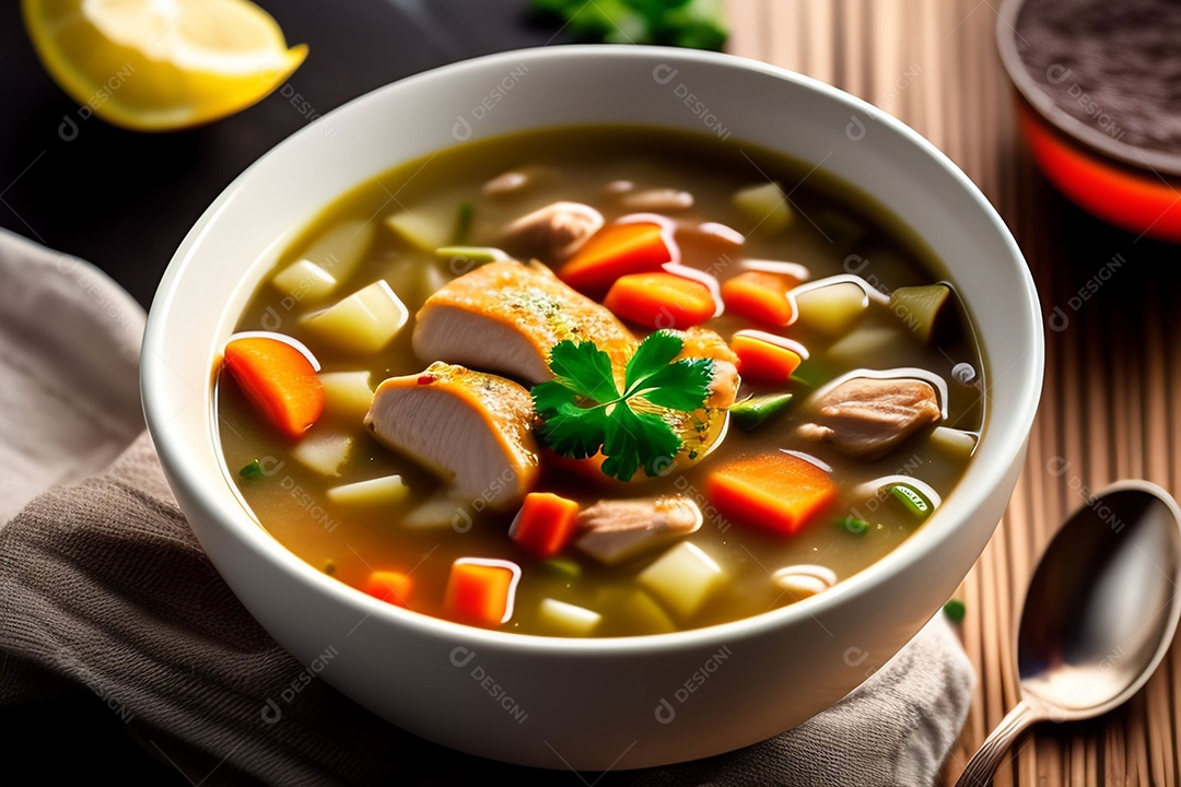 Tigela com deliciosa sopa com legumes
