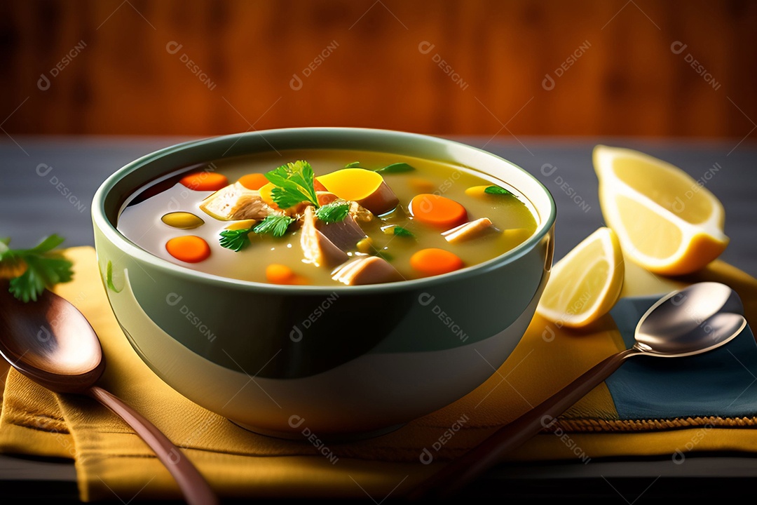 Tigela com deliciosa sopa com legumes