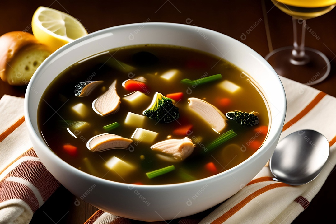 Tigela com deliciosa sopa com legumes