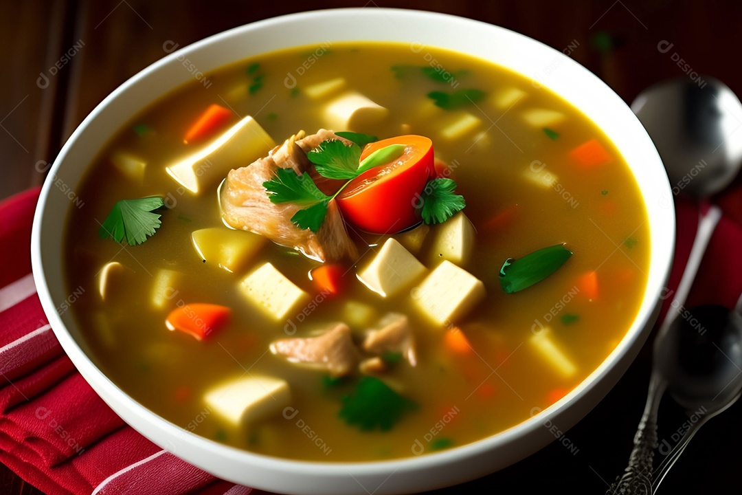 Tigela com deliciosa sopa com legumes