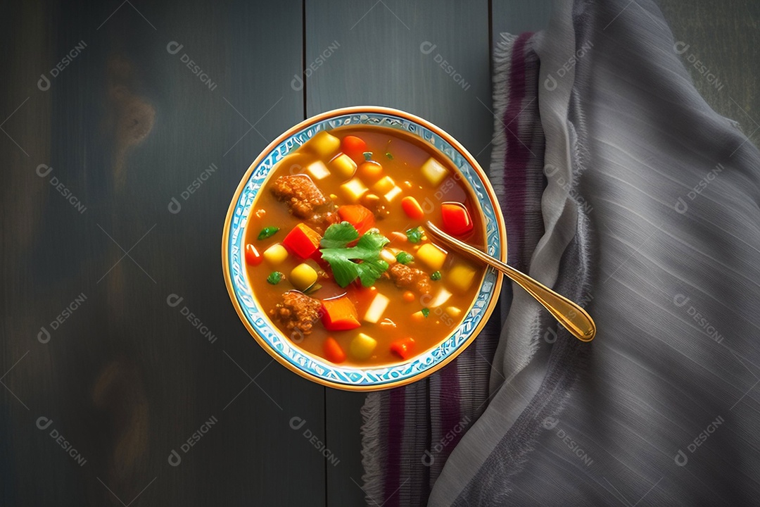 Tigela com deliciosa sopa com legumes