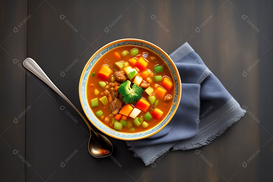 Tigela com deliciosa sopa com legumes