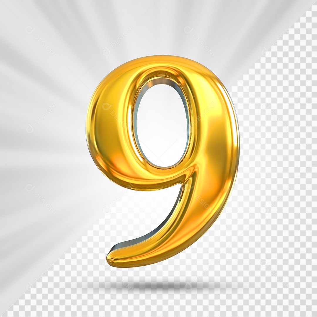 Numero 9 Dourado Elemento 3D PSD