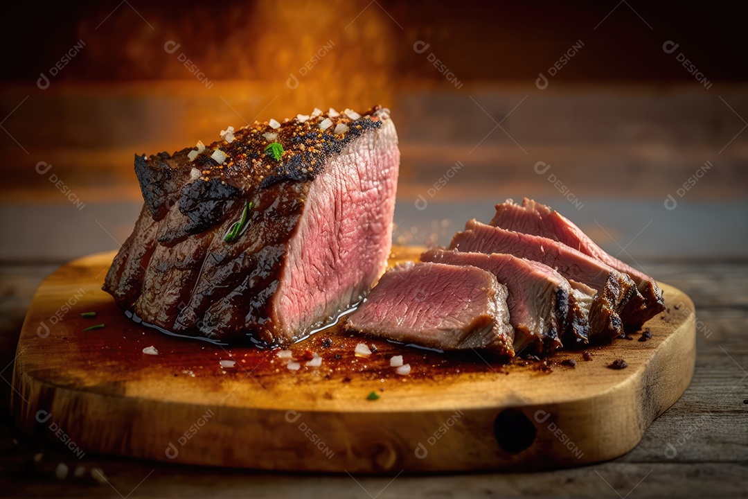 Churrasco brasileiro servido com picanha no espeto de churrasco a carvão e corte mostrando a maciez da carne