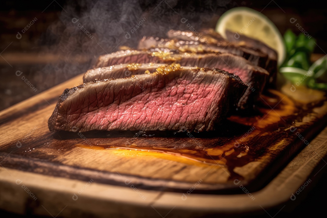 Churrasco brasileiro servido com picanha no espeto de churrasco a carvão e corte mostrando a maciez da carne