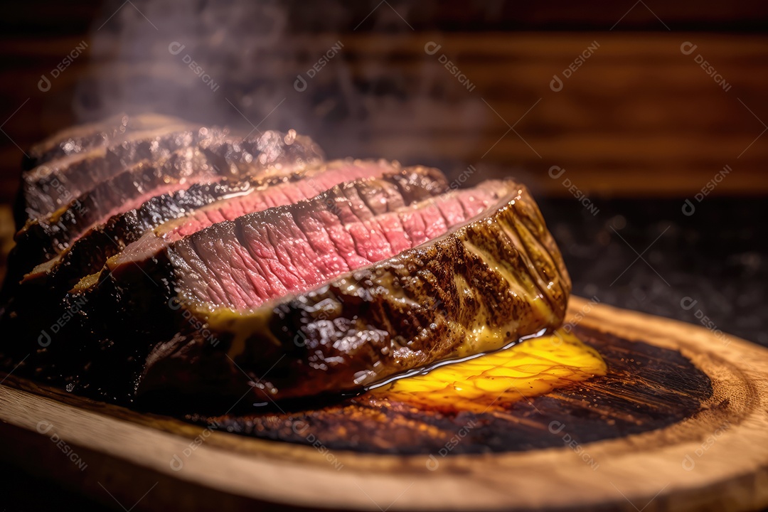 Churrasco brasileiro servido com picanha no espeto de churrasco a carvão e corte mostrando a maciez da carne