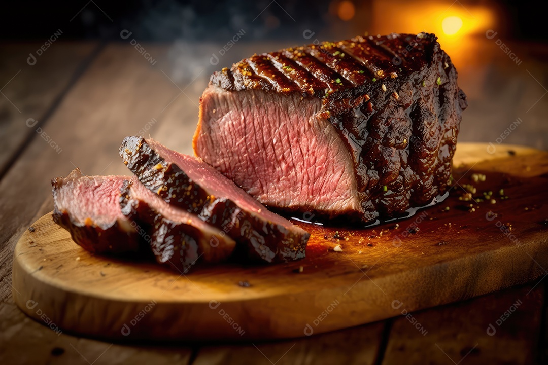 Churrasco brasileiro servido com picanha no espeto de churrasco a carvão e corte mostrando a maciez da carne