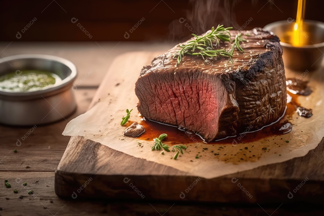 Churrasco brasileiro servido com picanha no espeto de churrasco a carvão e corte mostrando a maciez da carne