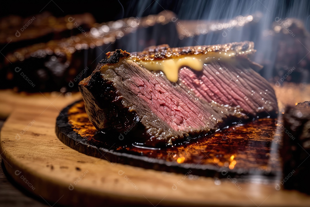 Churrasco brasileiro servido com picanha no espeto de churrasco a carvão e corte mostrando a maciez da carne