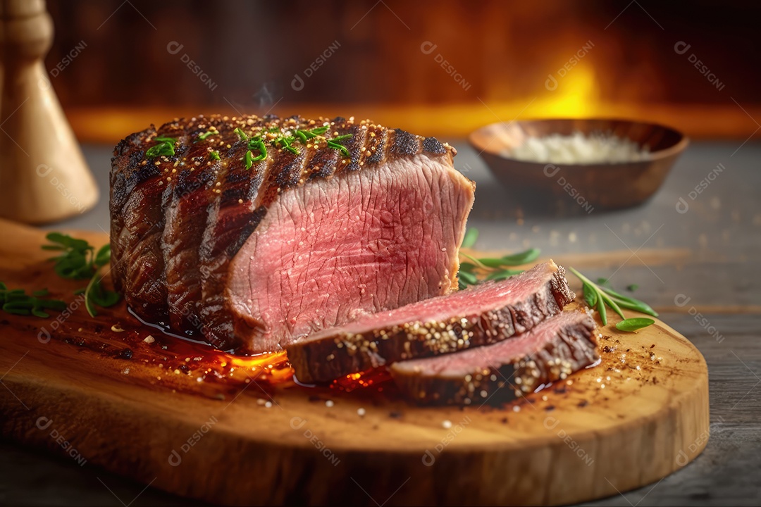 Churrasco brasileiro servido com picanha no espeto de churrasco a carvão e corte mostrando a maciez da carne