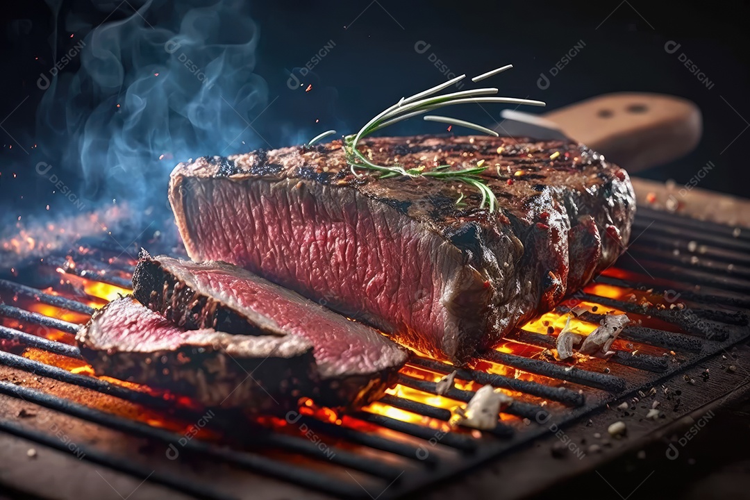 Churrasco brasileiro servido com picanha no espeto de churrasco a carvão e corte mostrando a maciez da carne