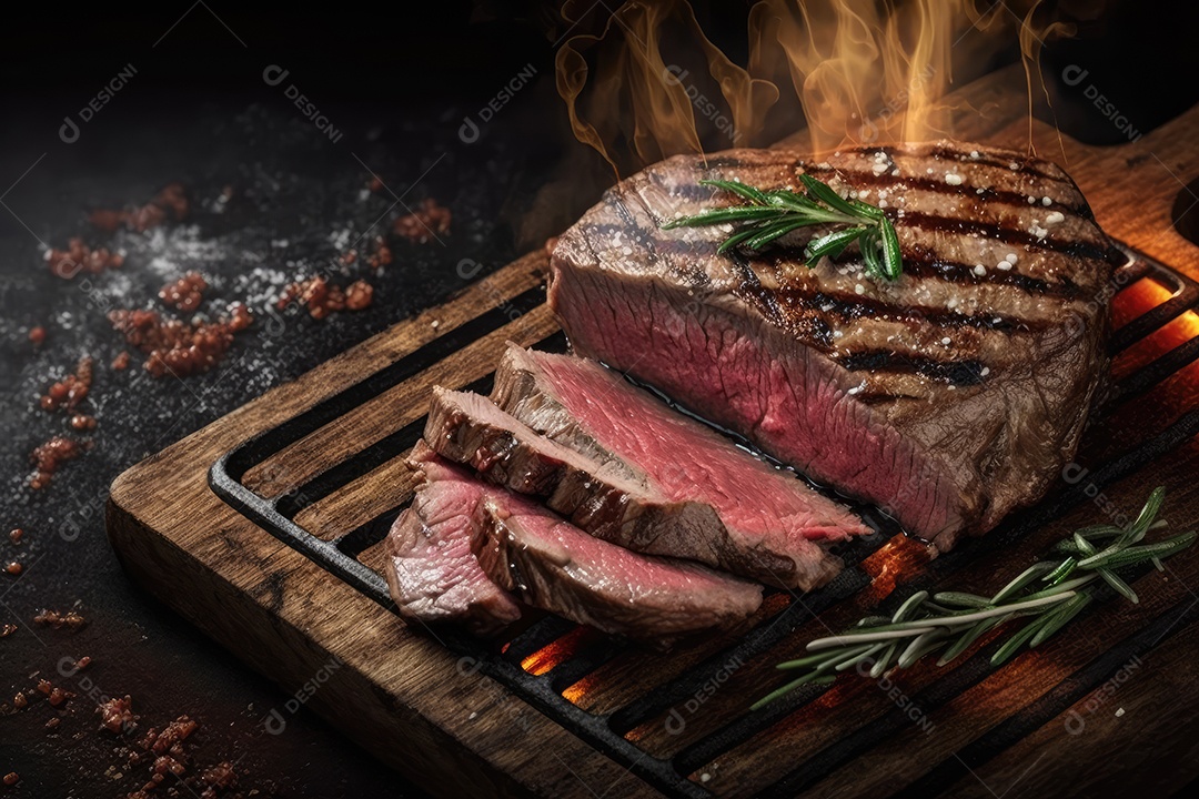 Churrasco brasileiro servido com picanha no espeto de churrasco a carvão e corte mostrando a maciez da carne