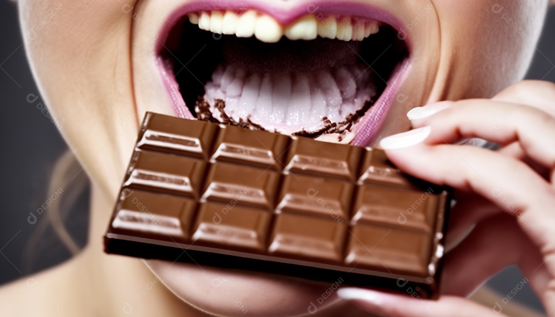 Ilustração mulher comendo barra de chocolate