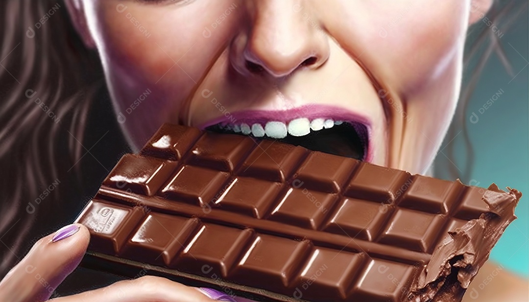 Ilustração mulher comendo barra de chocolate