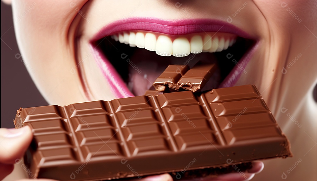 Ilustração mulher comendo barra de chocolate