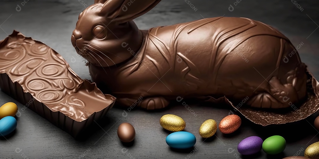 Ilustração coelho e ovos de chocolate
