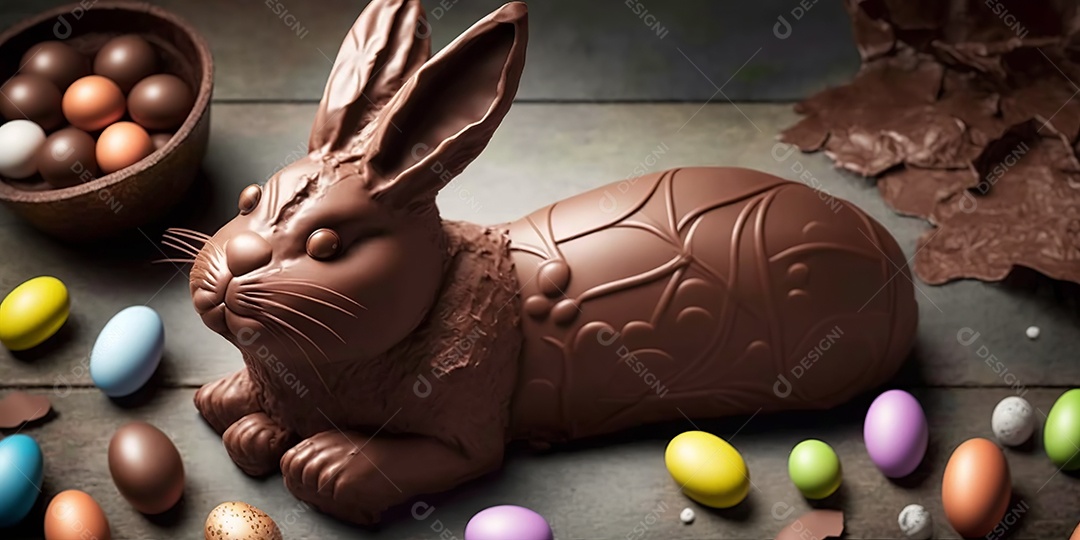 Ilustração coelho e ovos de chocolate