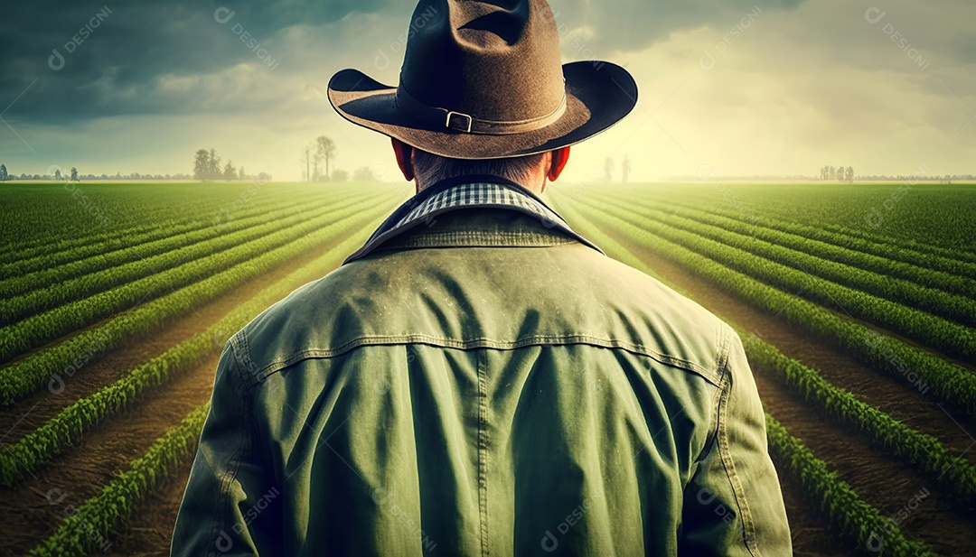 Ilustração de um fazendeiro em meio as plantações