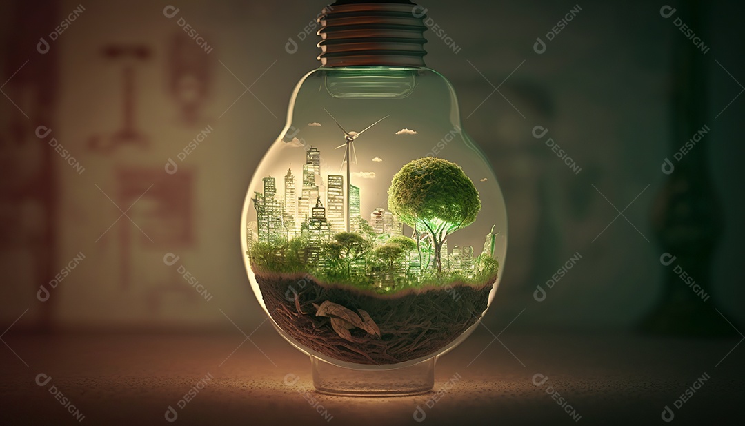 Ilustração de cidade dentro de uma lâmpada