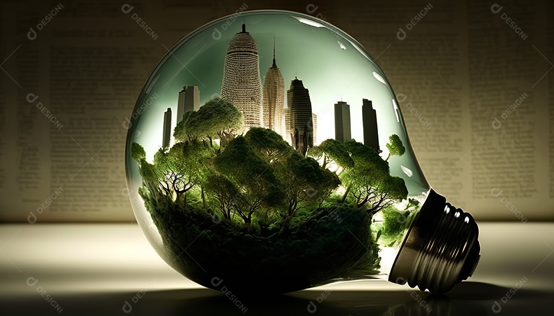 Ilustração de cidade dentro de uma lâmpada