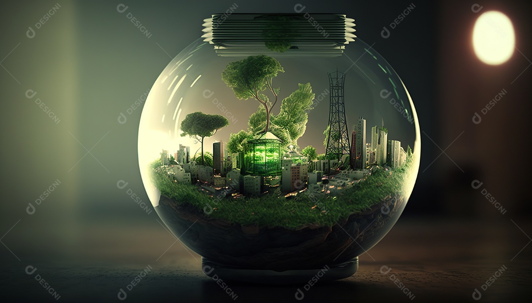 Ilustração de cidade dentro de uma lâmpada