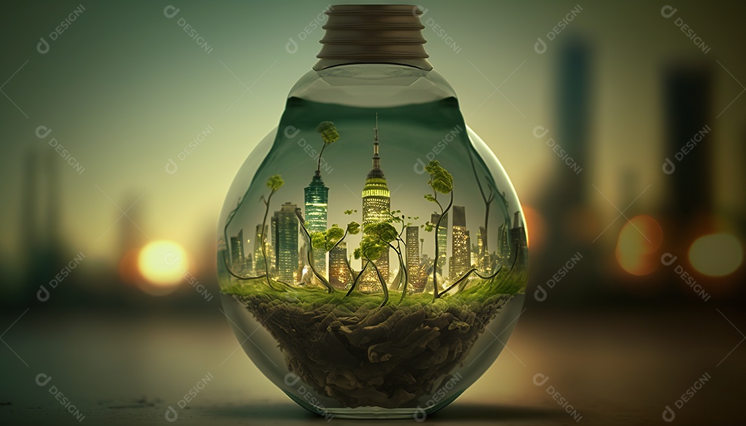 Ilustração de cidade dentro de uma lâmpada
