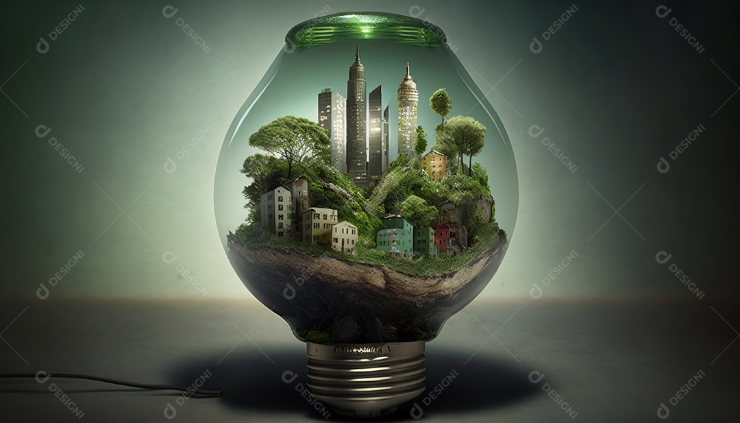 Ilustração de cidade dentro de uma lâmpada
