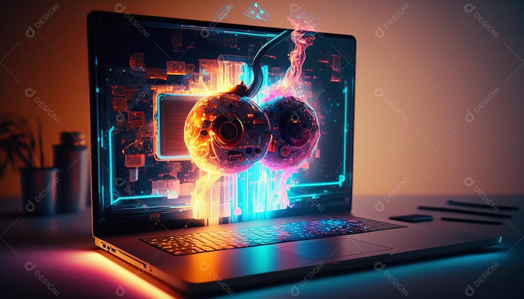 Ilustração de um computador com luzes neon
