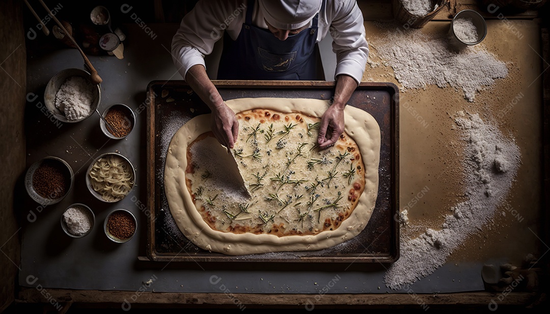 Ilustração pizzaiolo preparando pizza
