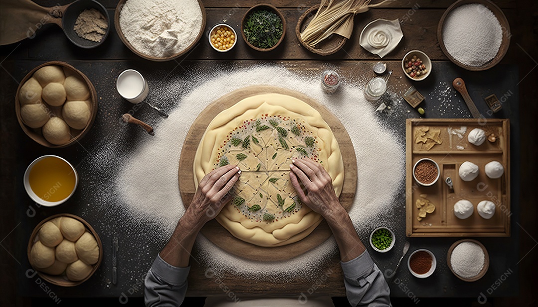 Ilustração pizzaiolo preparando pizza